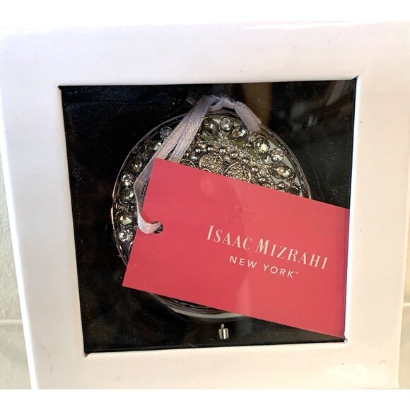 ISAAC MIZRAHI Silver 2D Jeweled Flower Compact Mirror New in Box - Picture 4 of 7